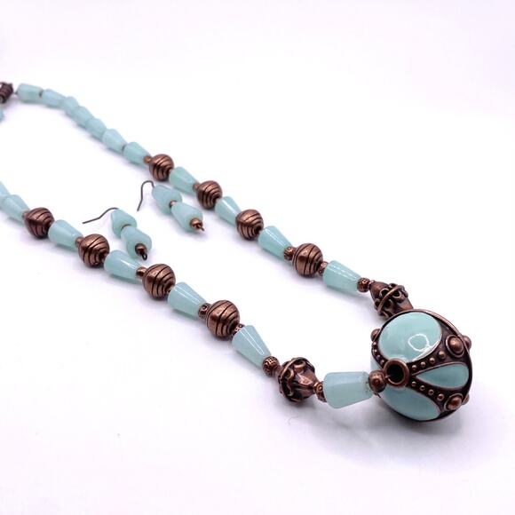 Vntg Handmade Amazonite Gemstones Necklace 18”with Enamel Pendant and Earrings - Picture 5 of 8